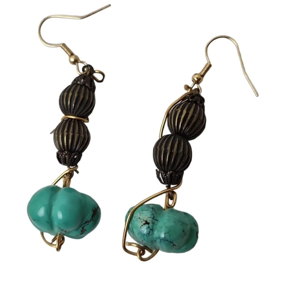 Turquoise Pumpkin Wire Wrapped Dangle Earrings - Picture 1 of 2